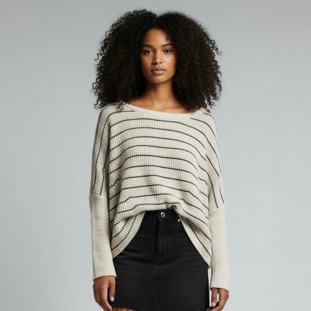 UO Hippie Boho Casual Cropped Cream & Black Striped  Dolman Sleeve Sweater Small